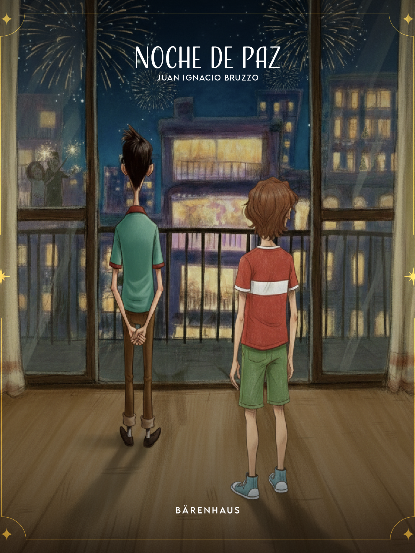 Ilustración de Noche de Paz: una familia mira los fuegos artificiales desde el balcón